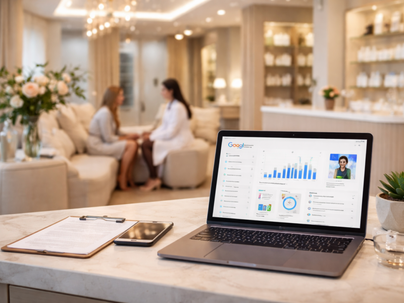 Hyper-realistic view of a modern med spa reception with a laptop displaying business analytics on a marble desk, while a practitioner consults with a client in a softly lit, elegant treatment space.