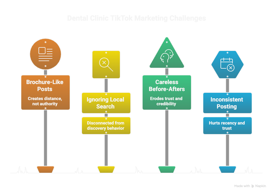 Improving Photos in TikTok for Your Dental Clinic: A Step-by-Step Guide to Boost Bookings 3 Illustration of common dental clinic TikTok marketing challenges including brochure-style posts, ignoring local search behavior, careless before-and-after photos, and inconsistent posting.