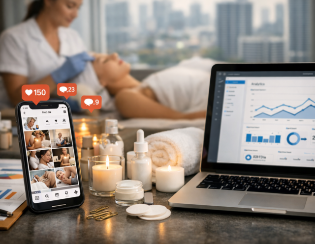 Instagram Success Medspas - TDC Blog Med spa treatment room with a client receiving a facial in the background while a smartphone displays a social media feed and a laptop shows marketing analytics charts beside skincare products and candles.