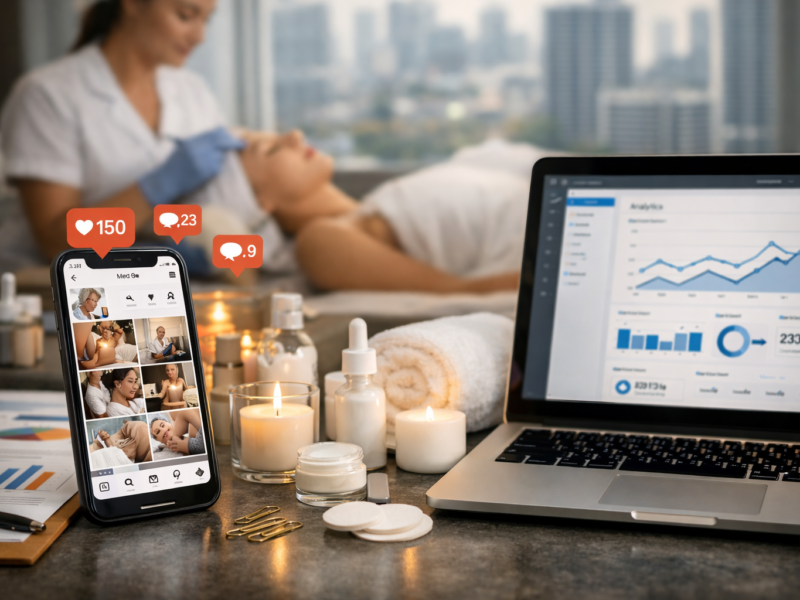 Med spa treatment room with a client receiving a facial in the background while a smartphone displays a social media feed and a laptop shows marketing analytics charts beside skincare products and candles.