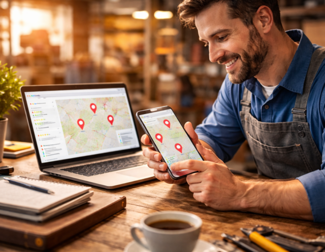 Master Local Listings - TDC Blog Small business owner reviewing local map listings on a smartphone beside a laptop in a workshop.