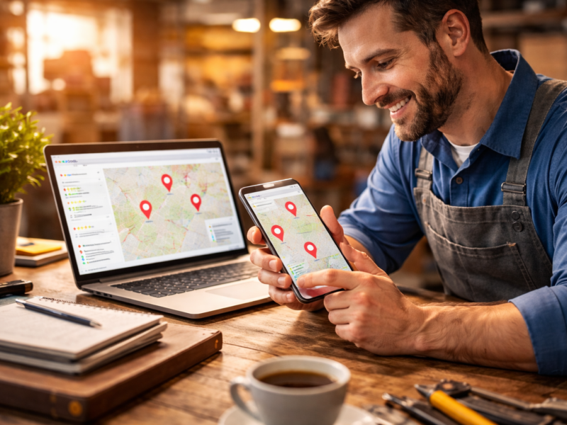 Small business owner reviewing local map listings on a smartphone beside a laptop in a workshop.