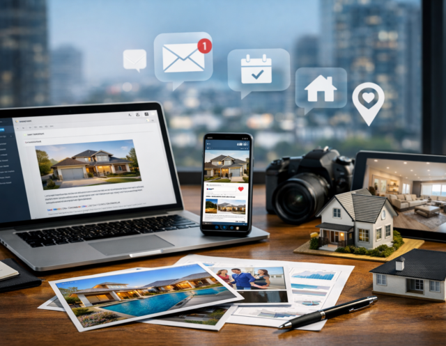 Real Estate Email Drip - TDC Blog Real estate agent workspace with laptop, phone, tablet, camera, and home models showing a digital buyer email and property marketing setup.