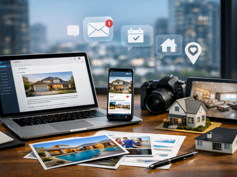 Real estate agent workspace with laptop, phone, tablet, camera, and home models showing a digital buyer email and property marketing setup.