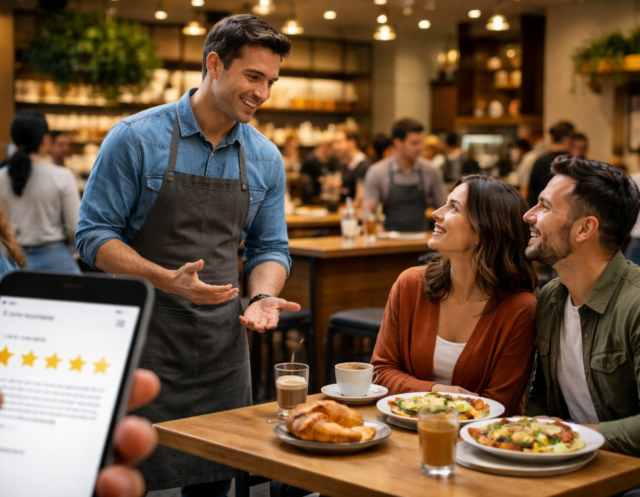 Review Recovery - TDC Blog Café manager warmly speaking with returning guests over brunch in a busy restaurant, symbolizing review recovery and restored customer trust.
