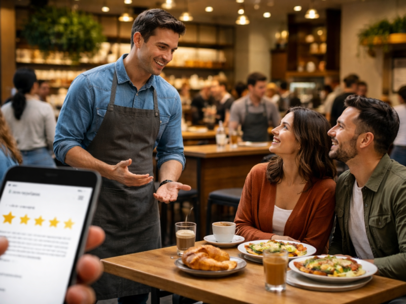 Café manager warmly speaking with returning guests over brunch in a busy restaurant, symbolizing review recovery and restored customer trust.