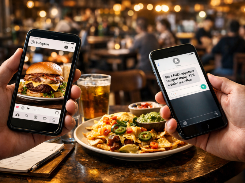 Two hands hold smartphones over a restaurant table with a burger, loaded nachos, and a drink, showing social media and mobile messaging in a warm dining setting.