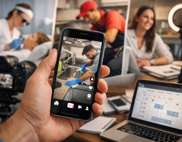 TikTok Script - TDC Blog Hand holding a smartphone showing a service business video, with booking tools and service scenes in the background.
