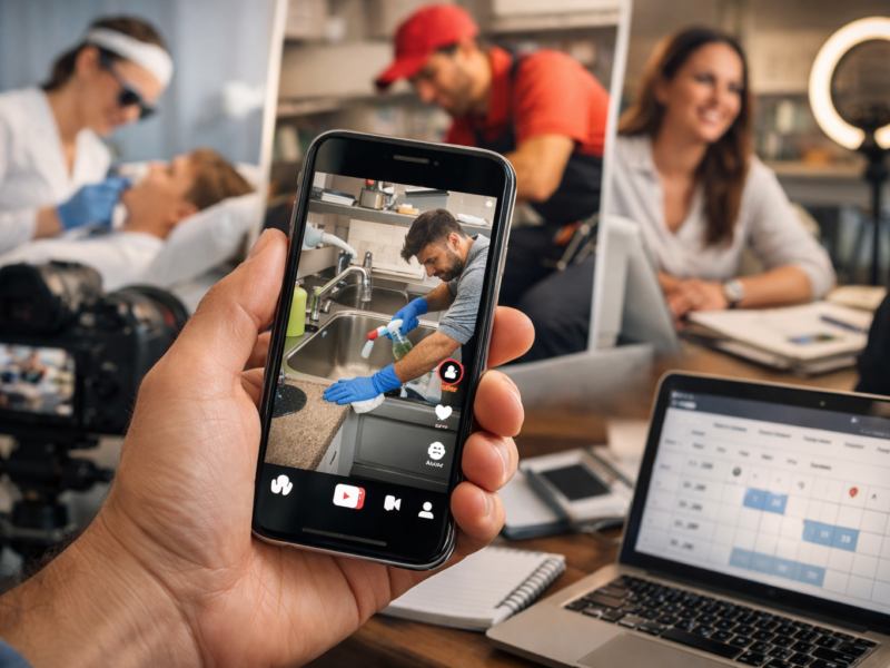 Hand holding a smartphone showing a service business video, with booking tools and service scenes in the background.