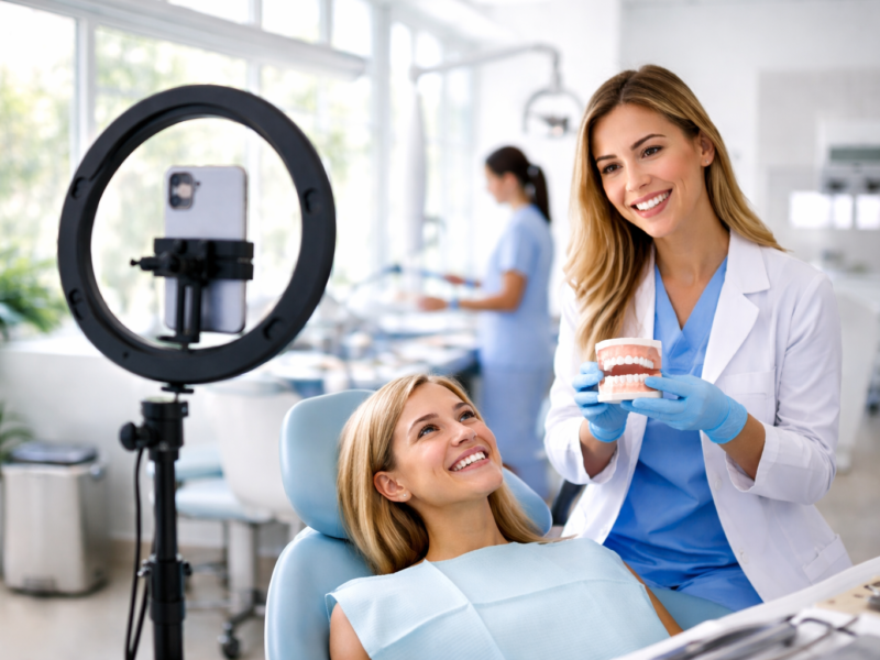 Dentist filming TikTok-style dental education content with a smartphone and ring light while demonstrating a dental model to a smiling patient in a modern clinic.