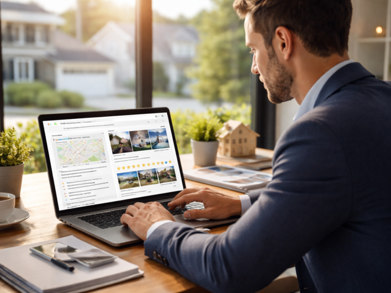 Realtor reviewing a local business profile and housing listings on a laptop in a bright modern office.